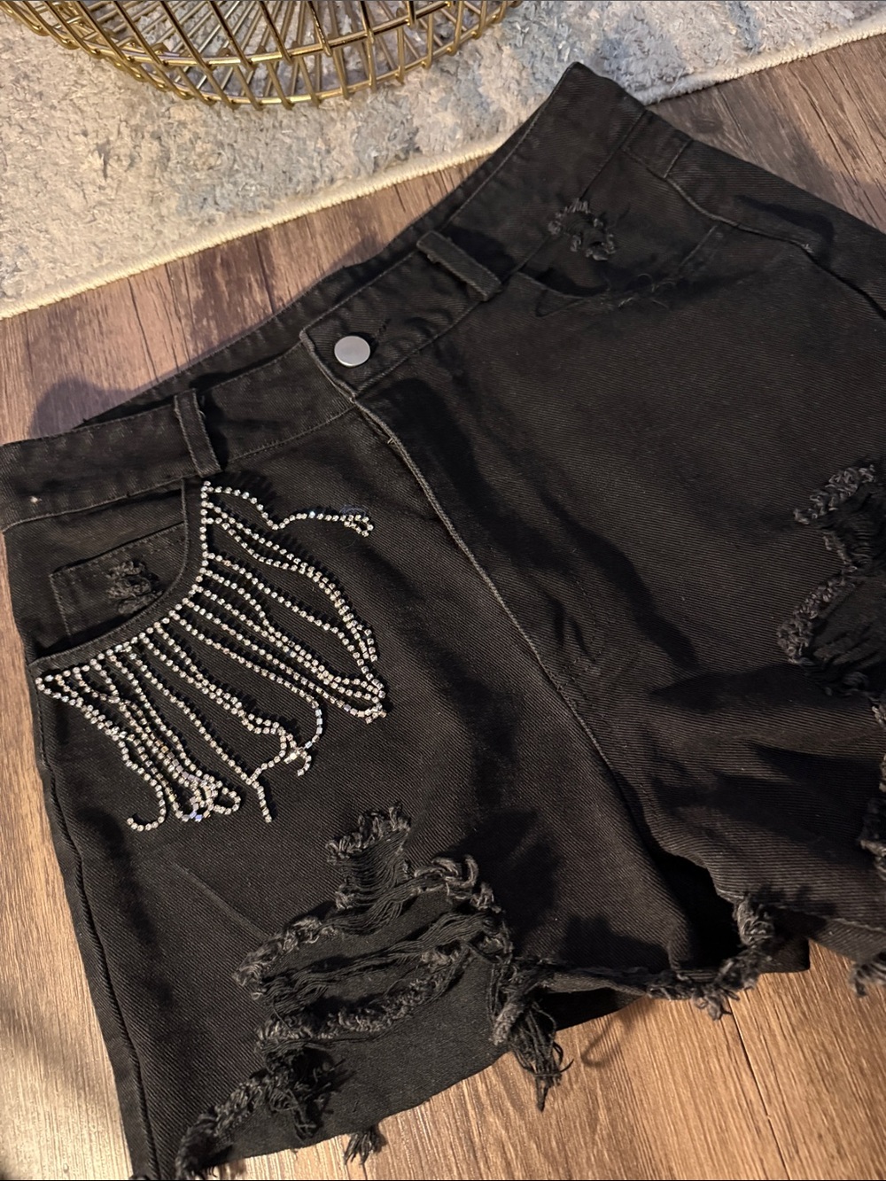 Black Distressed Jean Shorts with Rhinestone Fringe Accent
